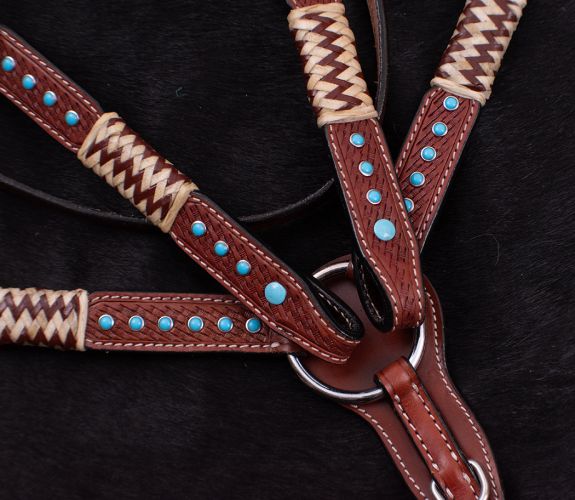 202129: Showman ® Browband Rawhide Braided Headstall and Breast collar Set with Turquoise Studs Headstall & Breast Collar Set Showman   