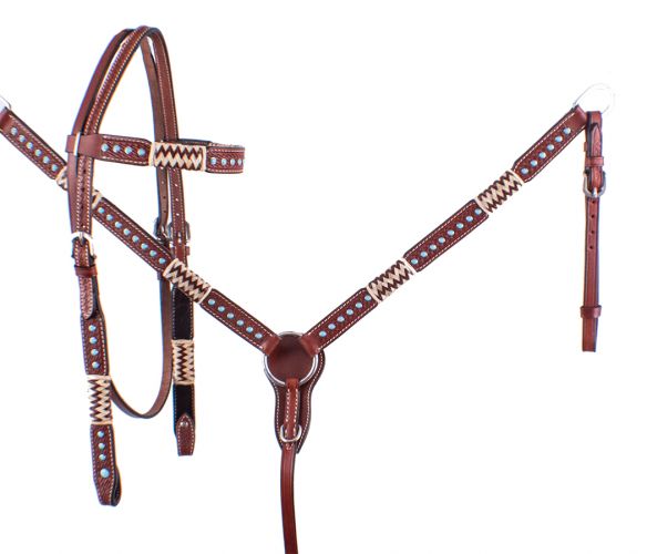 202129: Showman ® Browband Rawhide Braided Headstall and Breast collar Set with Turquoise Studs Headstall & Breast Collar Set Showman   