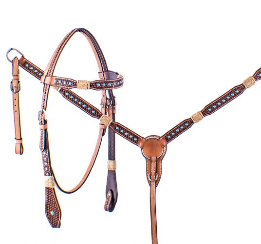 202130: Showman ® Rawhide Braided Headstall and Breast collar Set with Turquoise Studs Headstall & Breast Collar Set Showman   