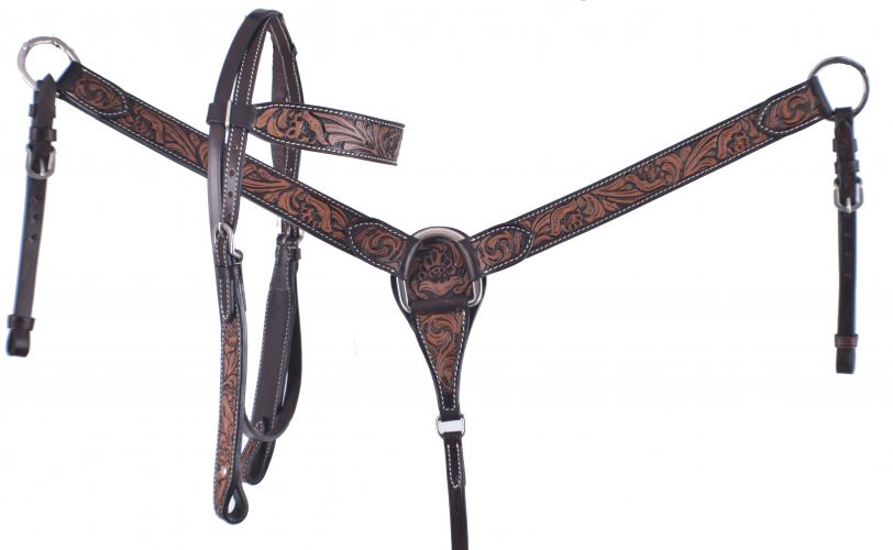 202154: Showman ®  Dark brown leather headstall and breast collar set with floral tooling Headstall & Breast Collar Set Showman   