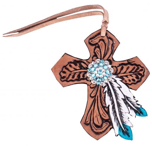 202288: Showman ®  Tie On Leather Cross with Turquoise Feather Primary Showman   