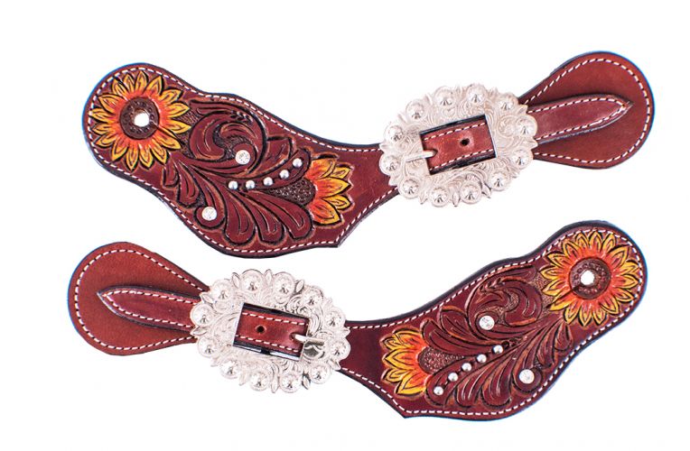 202438: Showman ® Ladies Hand Painted Sunflower spur straps with floral tooling Spur Straps Showman   
