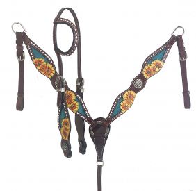 202521: Showman ® Hand painted sunflower design one ear bridle and breast collar set with silver d Headstall & Breast Collar Set Showman   