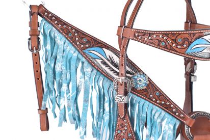 202526: Showman ® Hand painted feather design browband headstall and breast collar set with crysta Headstall & Breast Collar Set Showman   