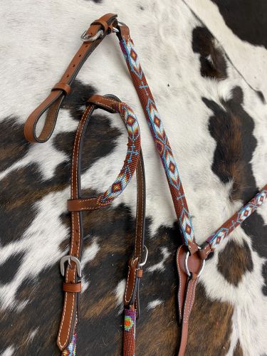 202542: Showman ® Turquoise and brown  Navajo Beaded headstall and breast collar set with cross de Headstall & Breast Collar Set Showman   