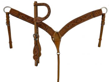 202567: Showman ®  Medium oil one ear leather headstall and breast collar set with floral tooling Headstall & Breast Collar Set Showman   