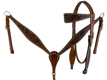 202584: Showman ® Floral tooled design browband bridle and breast collar set with silver bead acce Headstall & Breast Collar Set Showman   