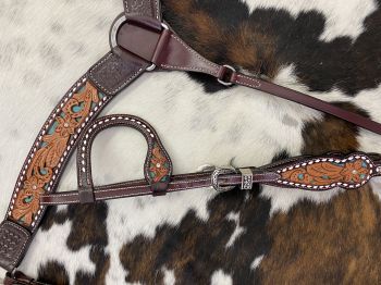 202587: Showman ® Floral tooled design one ear bridle and breast collar set with buck stitching an Headstall & Breast Collar Set Showman   