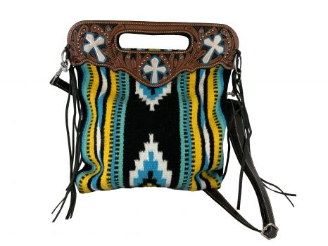 202597: Showman ® Southwest Saddle blanket handbag with genuine leather floral tooled handle accen Primary Showman   