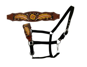 202609: Showman ®  Adjustable nylon bronc halter with painted feather design noseband in yellow an Bronc Halter Showman   