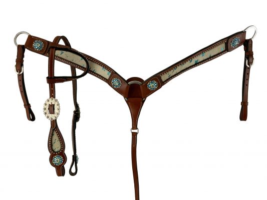 202623: Showman ® Teal Acid Wash Cowhide Inlay One Ear headstall and breast collar set with bling Headstall & Breast Collar Set Showman   