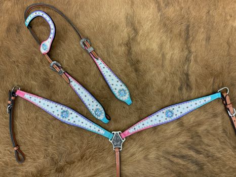 202634: Showman ® Cowhide inlay One Ear headstall and breast collar set with Ombre Colored rainbow Headstall & Breast Collar Set Showman   