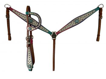 202634: Showman ® Cowhide inlay One Ear headstall and breast collar set with Ombre Colored rainbow Headstall & Breast Collar Set Showman   