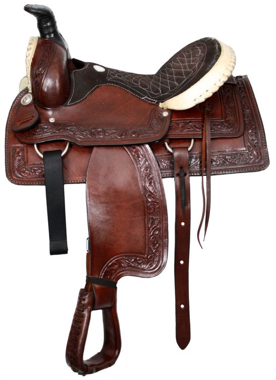 215416: 16" Buffalo roper style saddle with rawhide silver laced cantle and pommel Roping Saddle Buffalo   