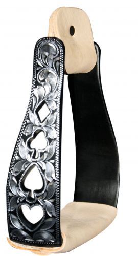 221363KL: Showman™ Black Aluminum Stirrups with Silver Engraving and Cut Out Poker Suit Designs Stirrups Showman   