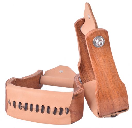 22168: Showman ® Curved Teakwood wooden stirrups with Leather tread Stirrups Showman   