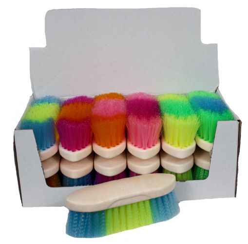 #24544: Rainbow colored stiff bristle brush with plastic handle