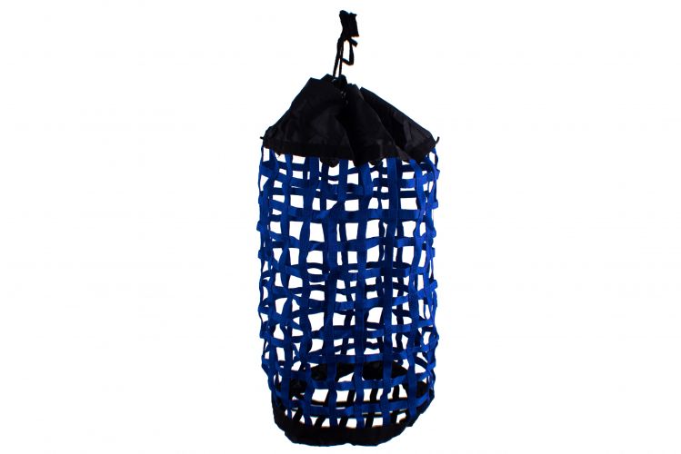 24822: X-Large, Easy Fill, Nylon Webbed Slow Feed Hay Bag with Draw String Top Closure Hay Feeder Showman Saddles and Tack Royal Blue  