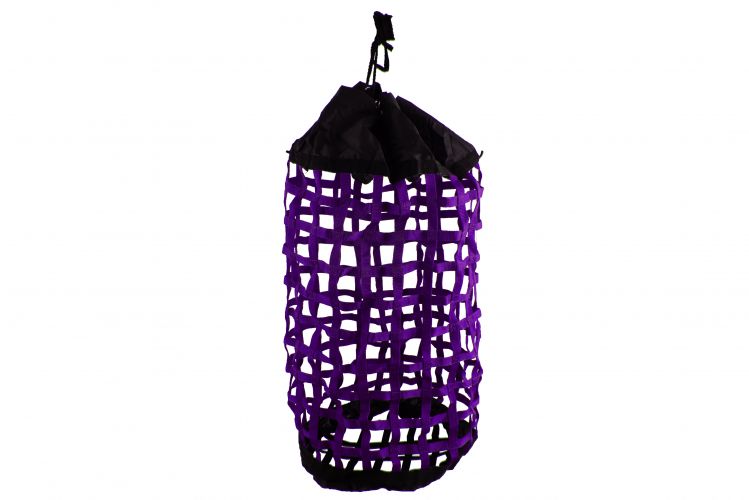 24822: X-Large, Easy Fill, Nylon Webbed Slow Feed Hay Bag with Draw String Top Closure Hay Feeder Showman Saddles and Tack Purple  