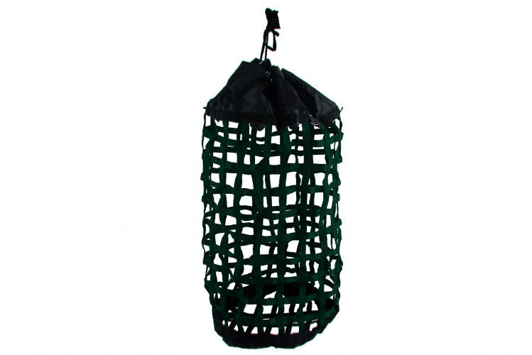 24822: X-Large, Easy Fill, Nylon Webbed Slow Feed Hay Bag with Draw String Top Closure Hay Feeder Showman Saddles and Tack Hunter Green  