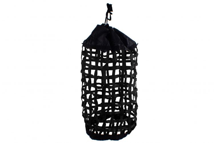 24822: X-Large, Easy Fill, Nylon Webbed Slow Feed Hay Bag with Draw String Top Closure Hay Feeder Showman Saddles and Tack Black  