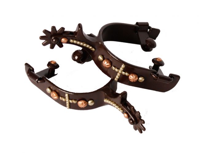 256601Q: Showman ® brown steel spur with copper studed cross and engraved copper and gold studs Western Spurs Showman   