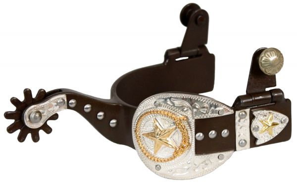 257654LQ: Showman™ ladie's size antique brown silver buckle tip and keeper spurs with gold star an Western Spurs Showman   