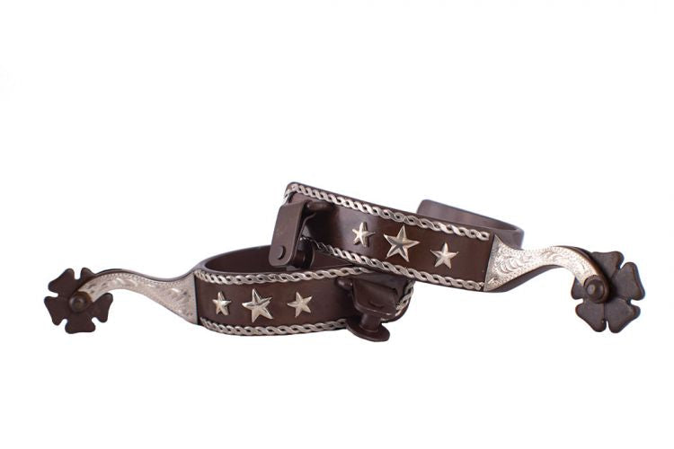 25793Q: Showman ® Men's size brown steel spur with silver rope border and stars with silver engrav Western Spurs Showman   