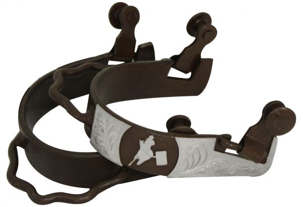 25796: Showman ® Ladies Size Antique Brown Bumper Spur with Silver Barrel Racer and Engraved Silve Western Spurs Showman   