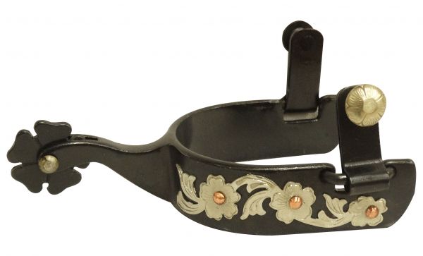 2580383: Showman ® Ladies black steel spur with engraved silver overlay and copper studs Western Spurs Showman   