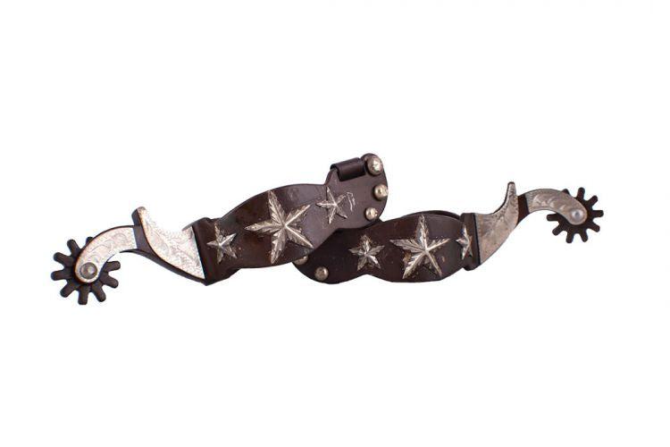 258898Q: Showman ® Men's size brown steel spur with engraved stars and silver engraved overlay Western Spurs Showman   