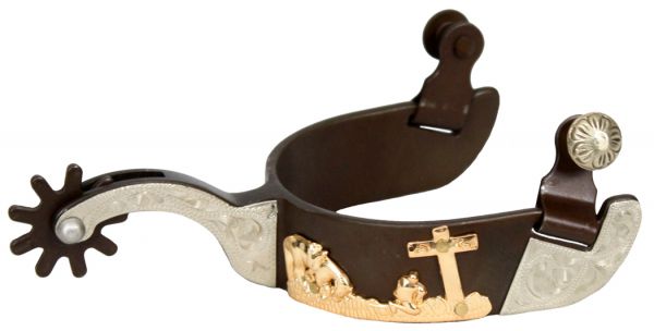 258918LY: Showman™ women's size antique brown silver show spur with gold praying cowboy with horse Western Spurs Showman   