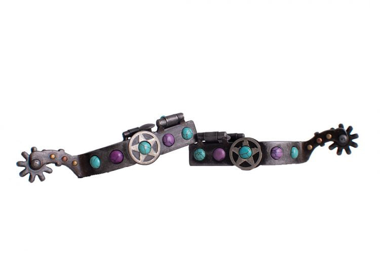 2590063LHJ: Showman ® Antique gray steel spur with purple and teal marble studs and Texas star des Western Spurs Showman   