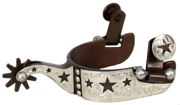 25918: Showman™ youth size antique brown steel silver show spur with cut out star and dot overlay Western Spurs Showman   