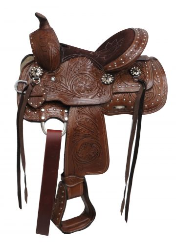 263810: 10" Double T  Youth saddle with floral tooling and silver studs Youth Saddle Double T   