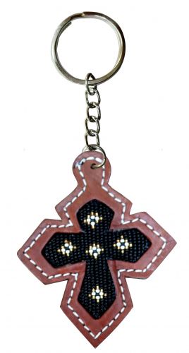 28534: Showman ® Leather cross key chain with black beaded inlay Primary Showman   