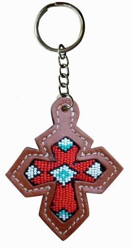 28535: Showman ® Leather cross key chain with red beaded inlay Primary Showman   