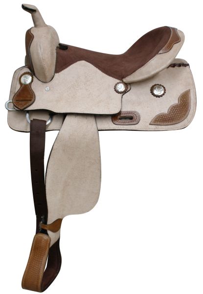 302516: 16" Rought Out Leather Saddle with Tooled leather accents Primary Showman Saddles and Tack   