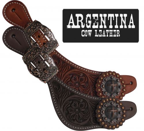 30656: Showman® Ladies Size Argentina Cow Leather Raised Cross Concho Spur Straps Spur Straps Showman   