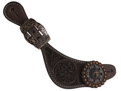 30656: Showman® Ladies Size Argentina Cow Leather Raised Cross Concho Spur Straps Spur Straps Showman   