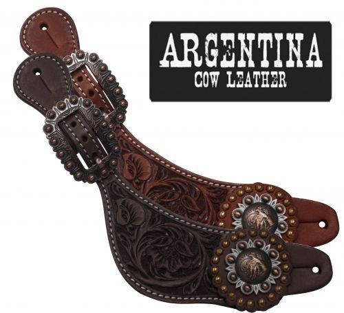 30658: Showman® Ladies Size Argentina Cow Leather Barrel Racer Concho Spur Straps Spur Straps Showman   