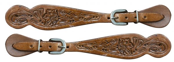 30694: Showman ® Ladies size floral tooled spur straps Spur Straps Showman   