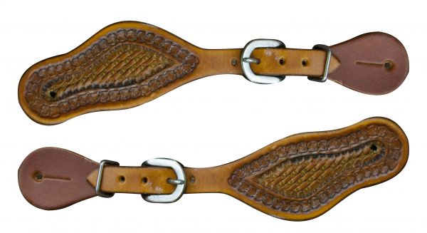30697: Showman ® Youth size basket weave tooled spur straps Spur Straps Showman   
