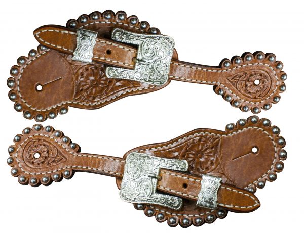 30724: Showman ® floral tooled spur straps with engraved silver buckles Spur Straps Showman   