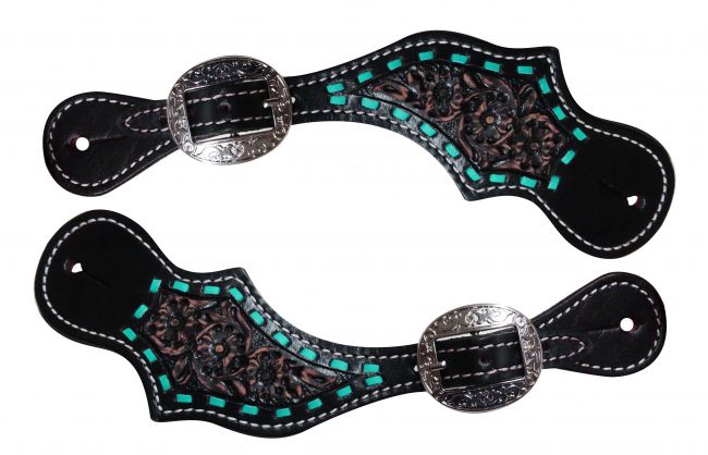 30744: Showman ® Ladies size  Teal buck stitch design spur straps Spur Straps Showman   