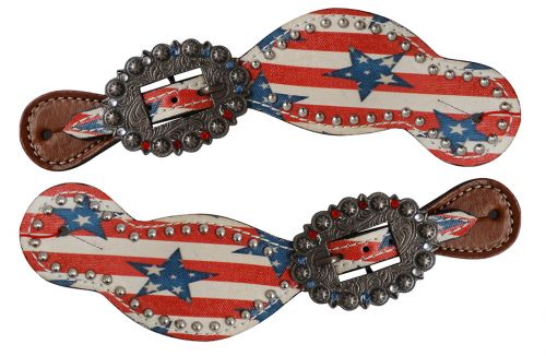 30770: Showman ® Ladies Size Leather Spur Straps with stars and stripes print Spur Straps Showman   