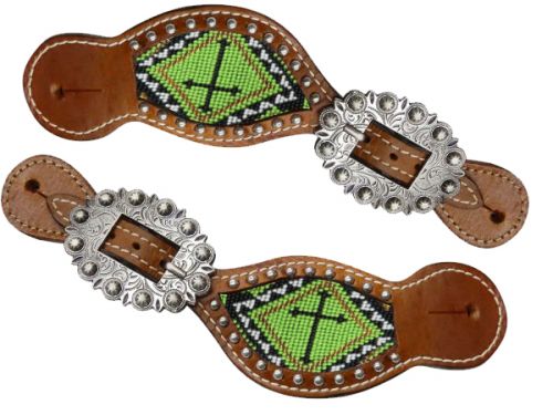 30783: Showman ® Ladies Teal and brown beaded cross spur straps Spur Straps Showman   