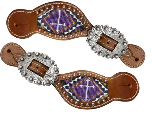 30783: Showman ® Ladies Teal and brown beaded cross spur straps Spur Straps Showman   