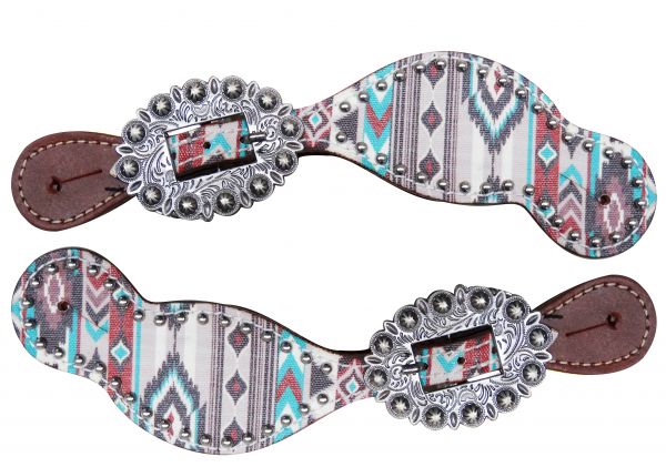 30785: Showman ® Ladies Size Leather Spur Straps with Navajo diamond print Spur Straps Showman   