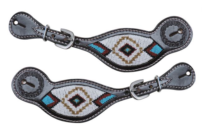 30836: Showman ® Dark chocolate Argentina cow leather spur straps with beaded inlay Spur Straps Showman   